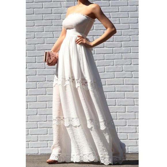 Boho Strapless Crochet Lace Trim Maxi Dress Bohemian White Long Dress - Picture 2 of 6